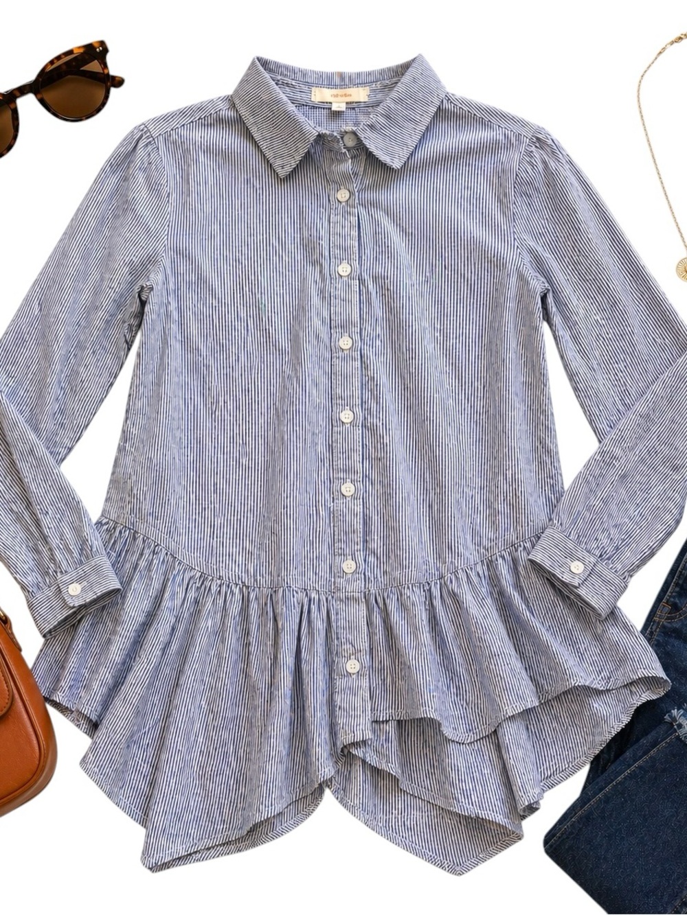 Soprano Blue White Stripe Button Front Peplum Shirt 100% Cotton Women S/Youth L